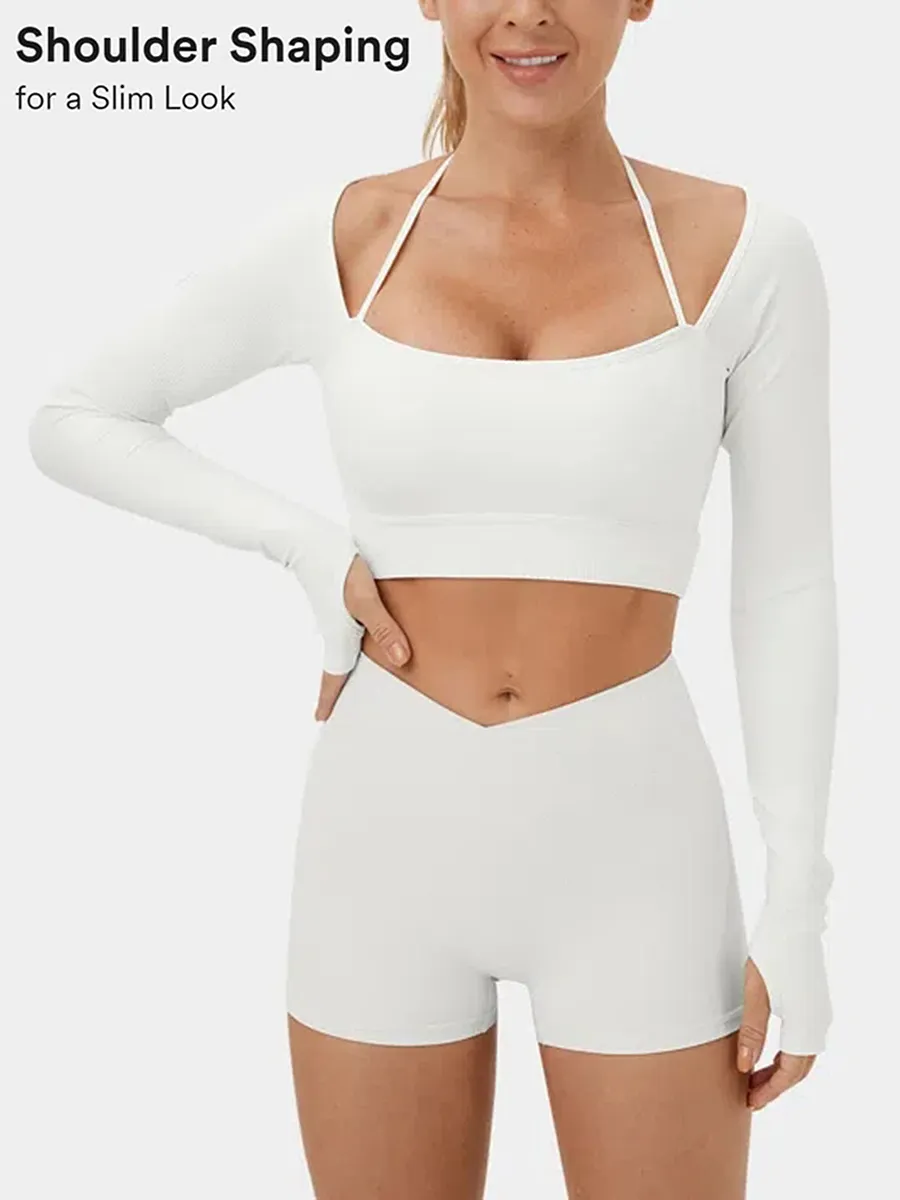 Ribbed Halter Strap Thumb Hole Cropped Yoga Sports Top