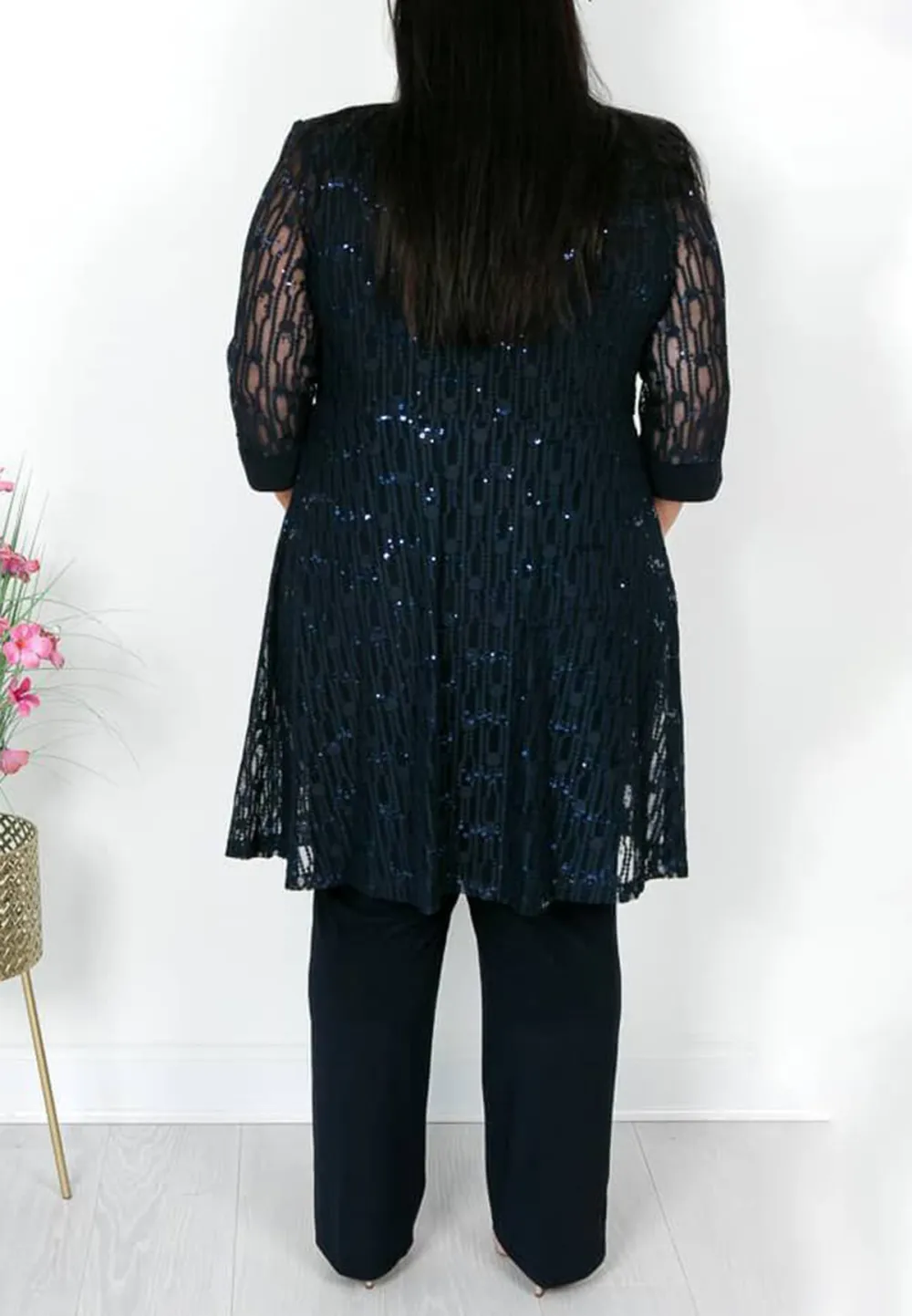 Navy Sequin and Lace Trouser Suit