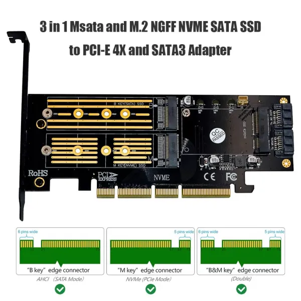 3 in 1 NGFF PCIE Apapter M.2 NVME Converter M.2 SATA 3 Channel SSD Read Write LED Indicator to PCI E 4X SATA3 SSD Apapter