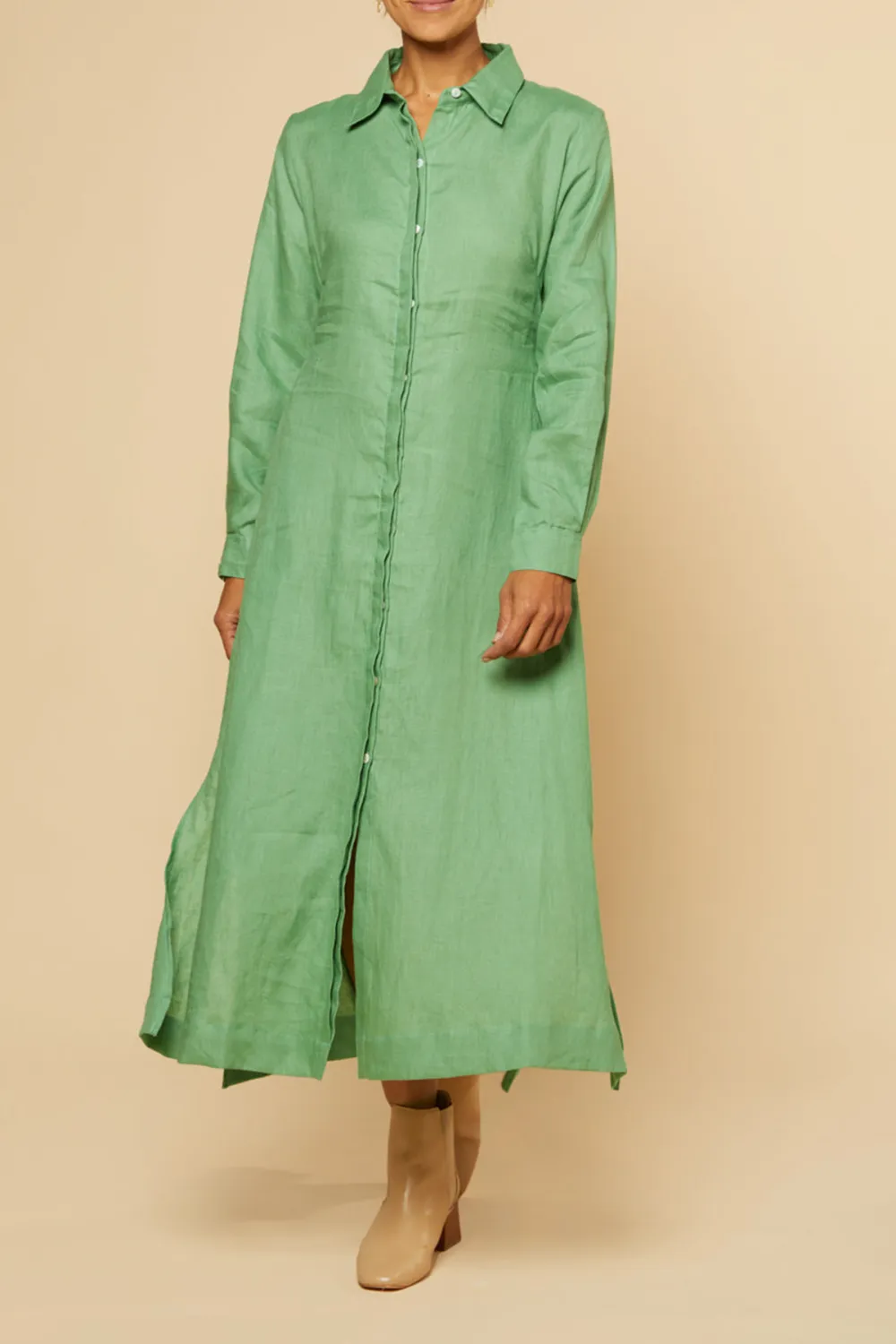 Gracie Long Sleeve Linen Dress in Jadesheen