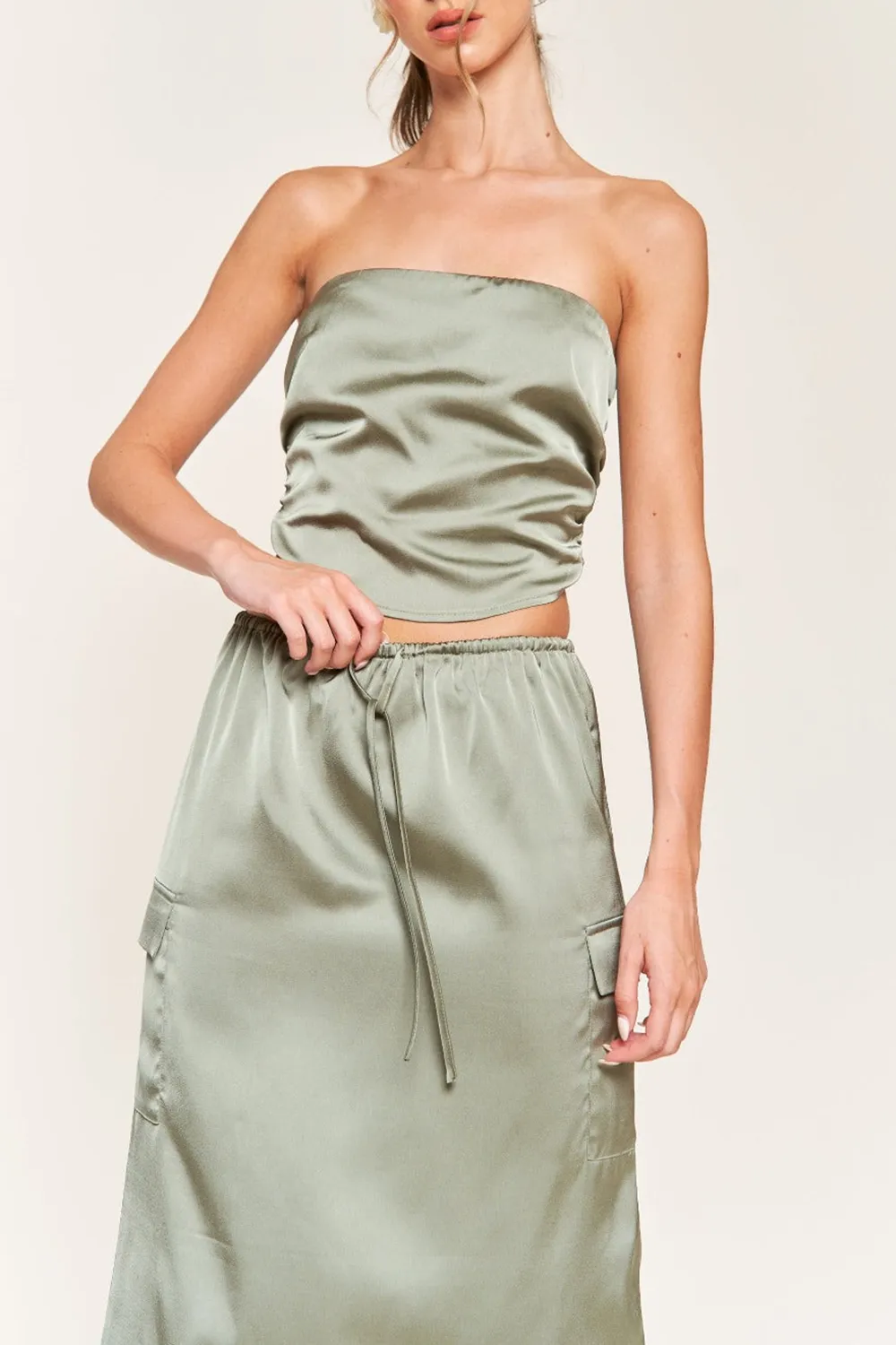 SAGE GREEN SATIN BANDEAU CROP