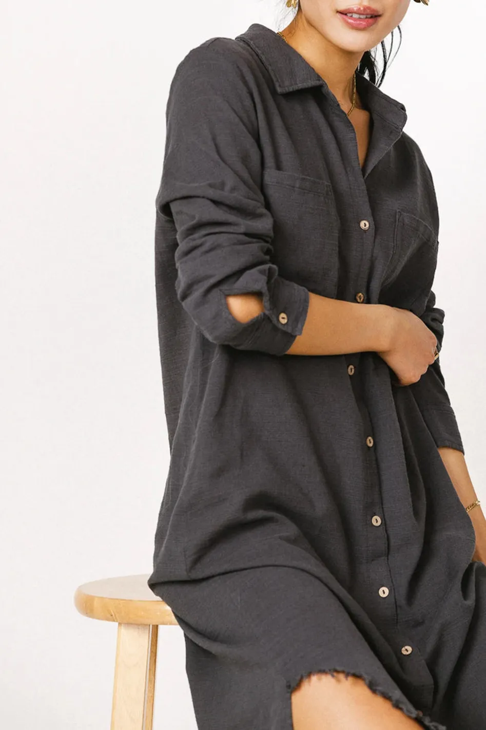 WINNIE BUTTON UP DRESS IN CHARCOAL