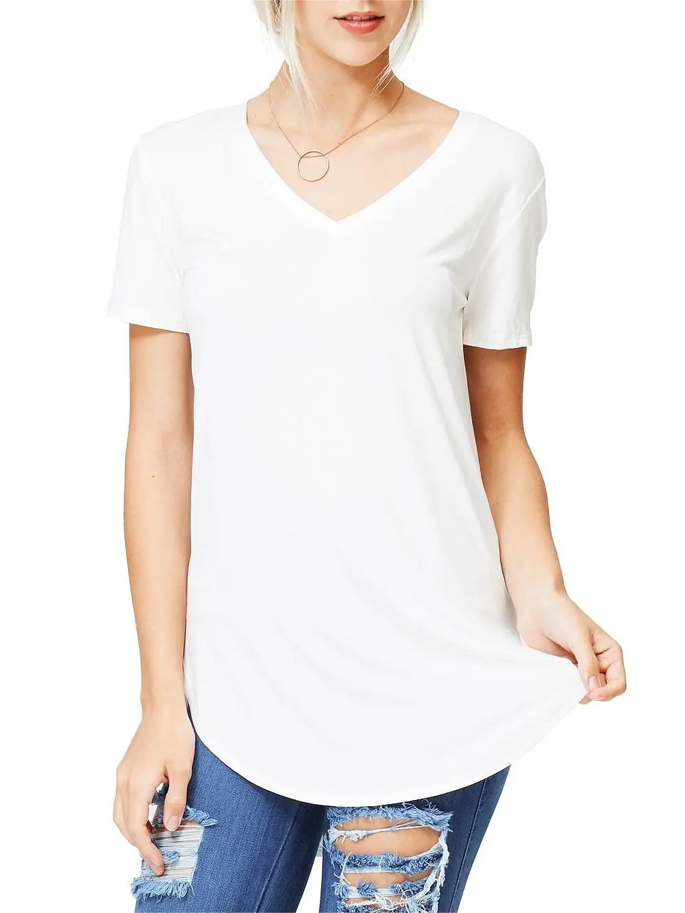 Round Hem V-Neck Tee