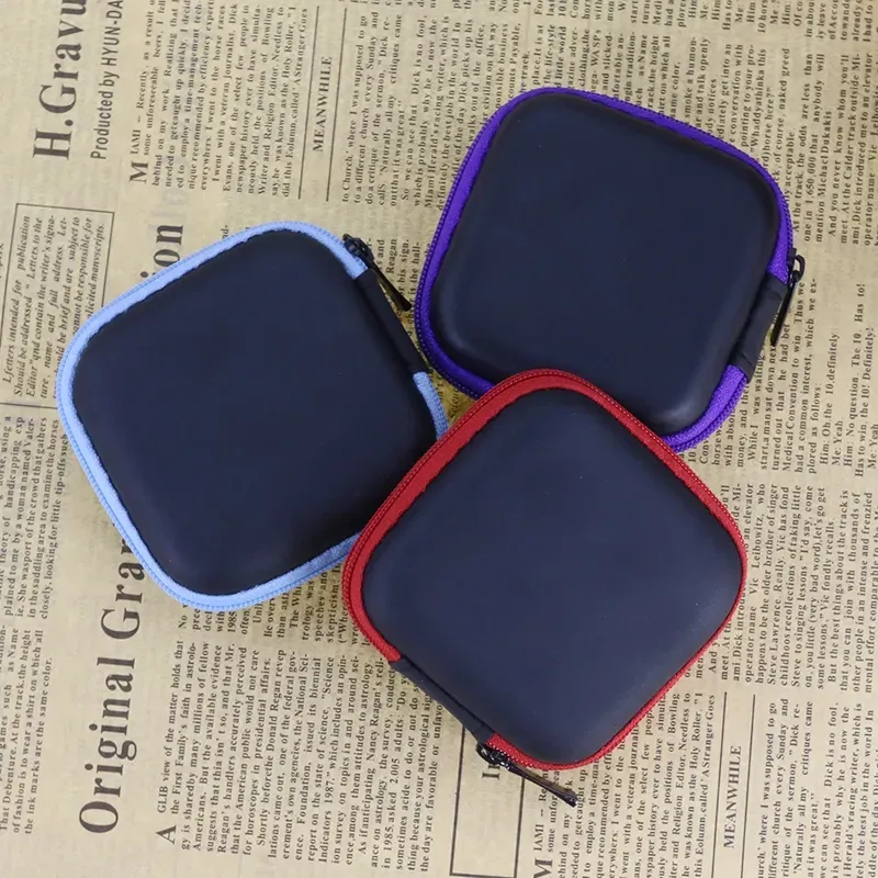 Square MINI Zipper Hard Headphone Case Portable Earbuds Pouch box PU Leather Earphone Storage Bag USB Cable Organizer