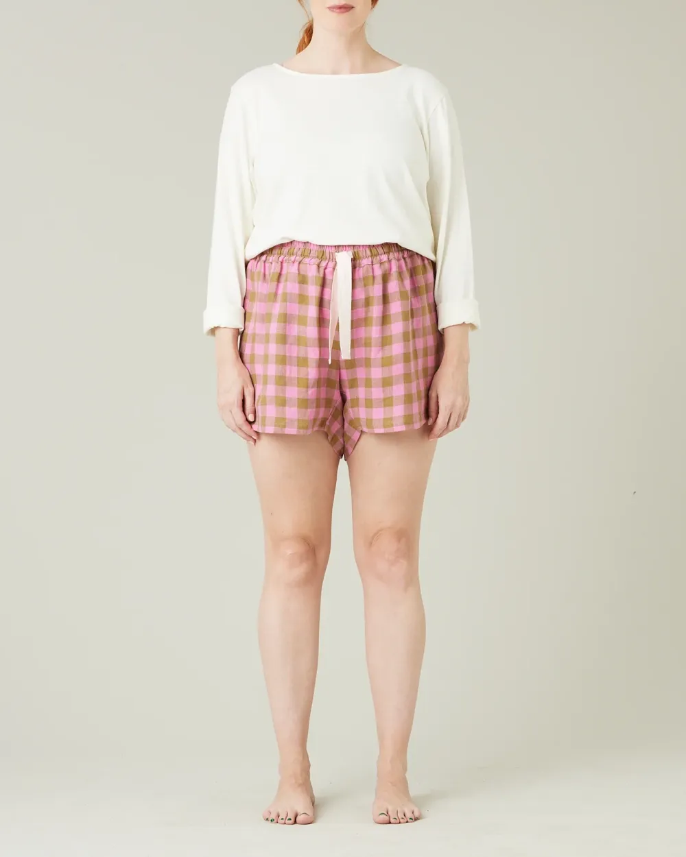 PINK & OLIVE CHECK LINEN SHORT