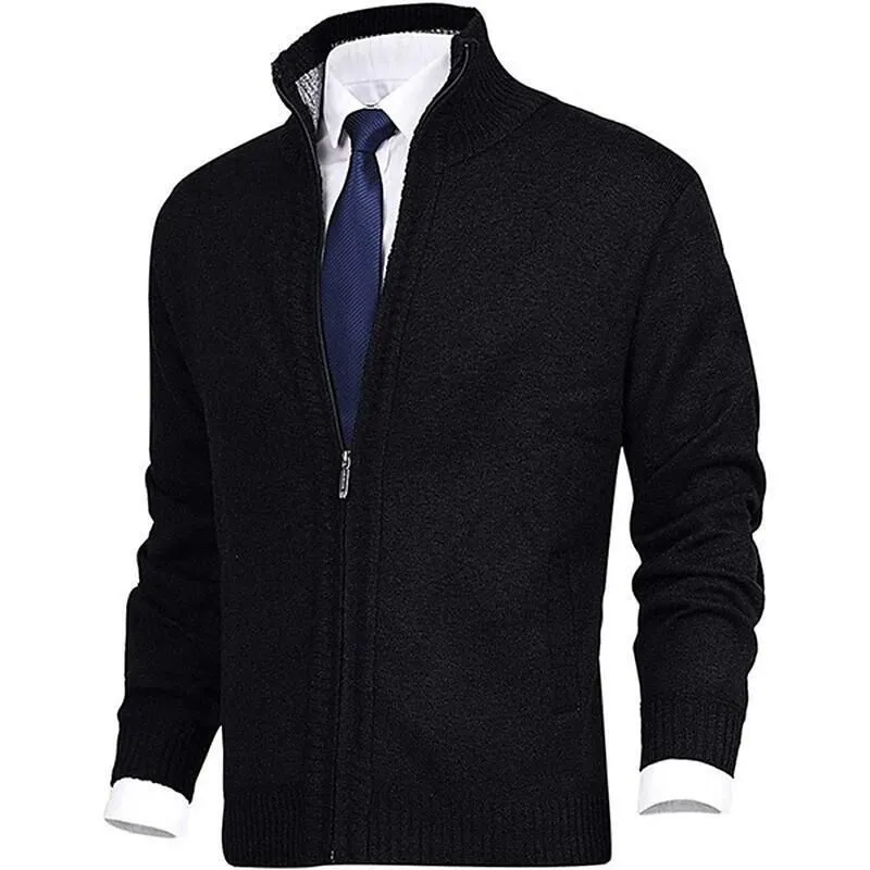 Men's Fashion Solid Color Stand Collar Cardigan Sweater Knit Jacket