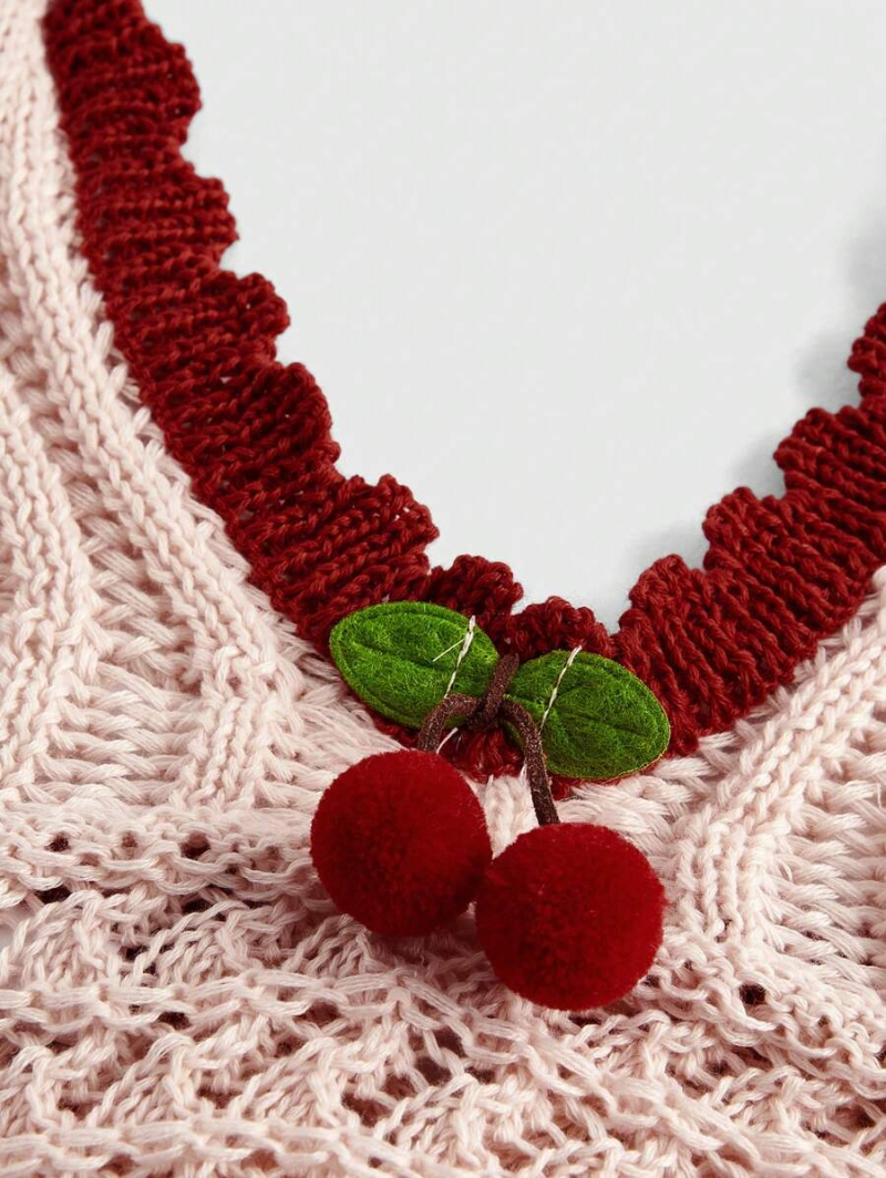 Kawaii Summer Crochet Beach Holiday Sweet, Cute Cherry Decorated Color Block Knitted Halter Top