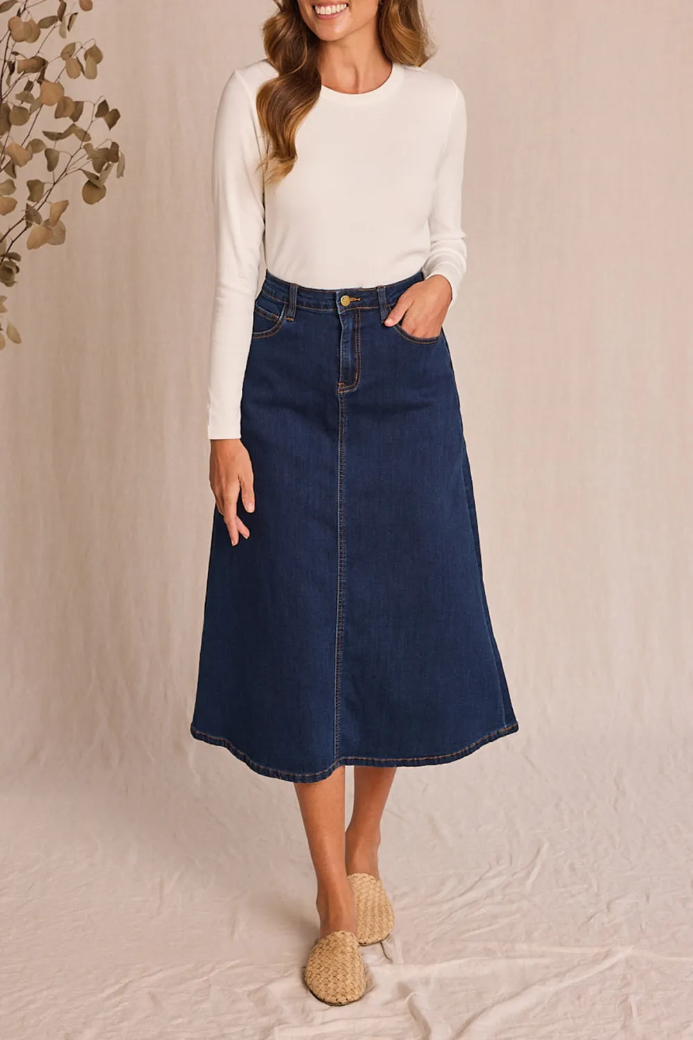 Adrift Denim A-Line Skirt in Mid Wash