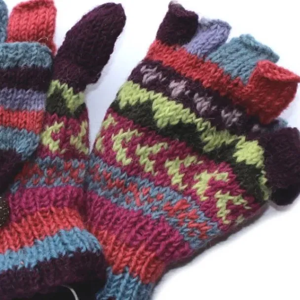 winter stripe fingerless gloves with mitten flap