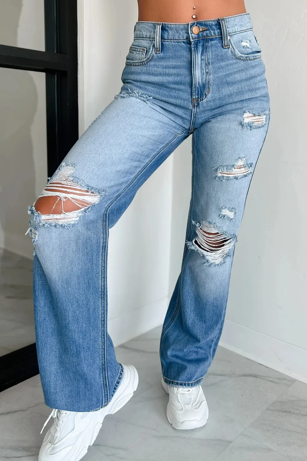 Raphael Mid-Rise Distressed Sneak Peek Straight Leg Jeans