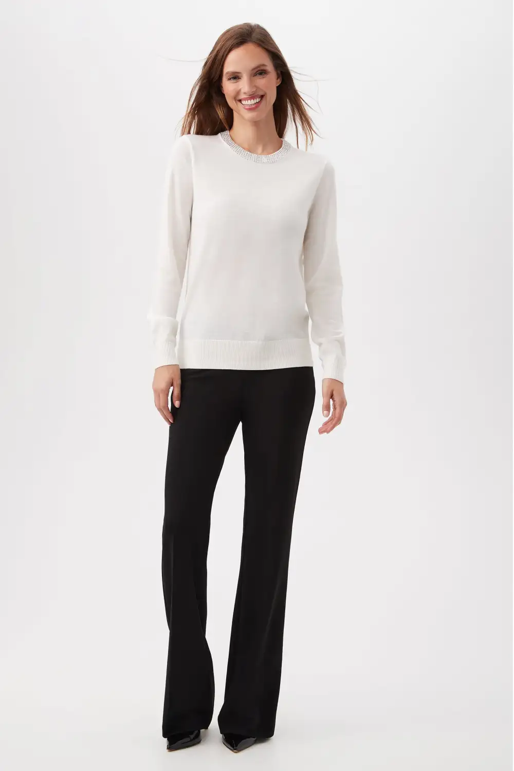 LAELIA RHINESTONE TRIM MERINO WOOL SWEATER