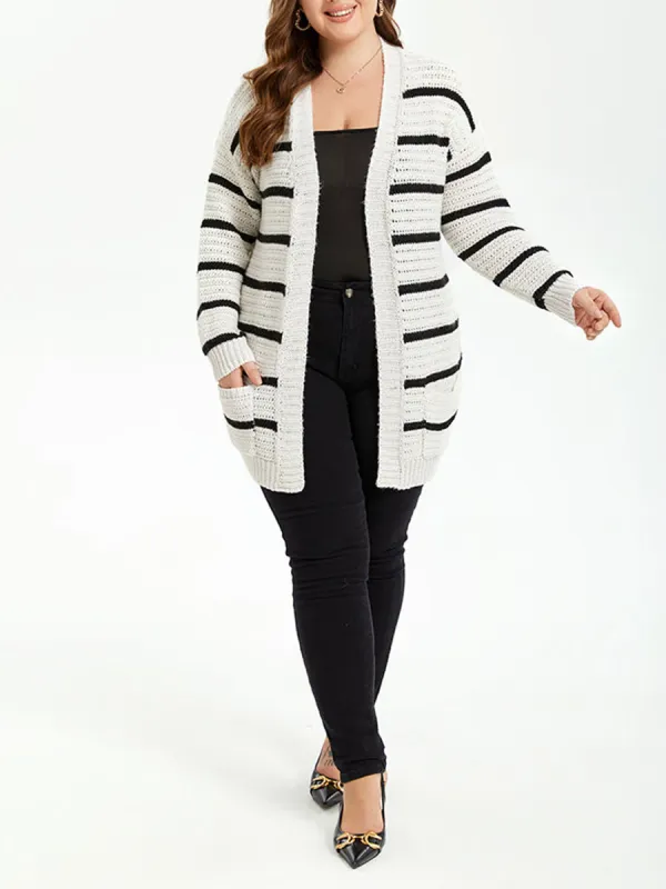 Striped Pattern Drop Shoulder Open Front Cardigan