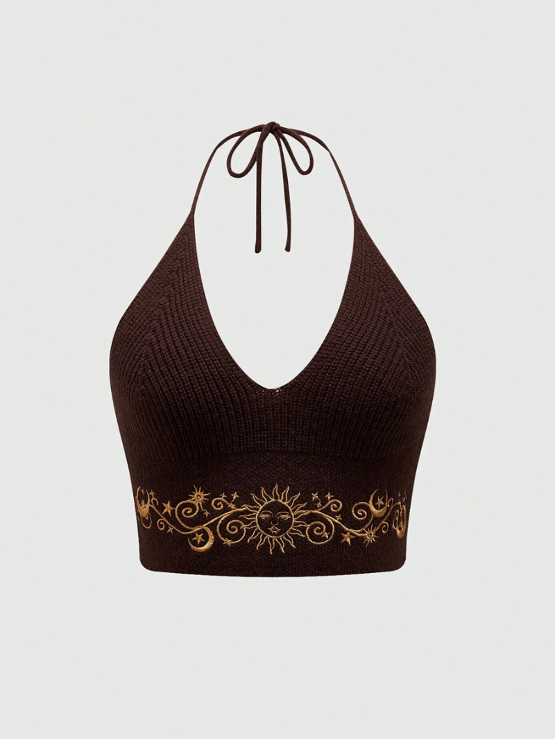 Hippie Summer Sexy Embroidered Backless Halter Knitted Top