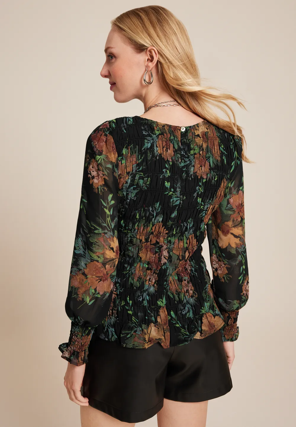 Black Floral Smocked Blouse