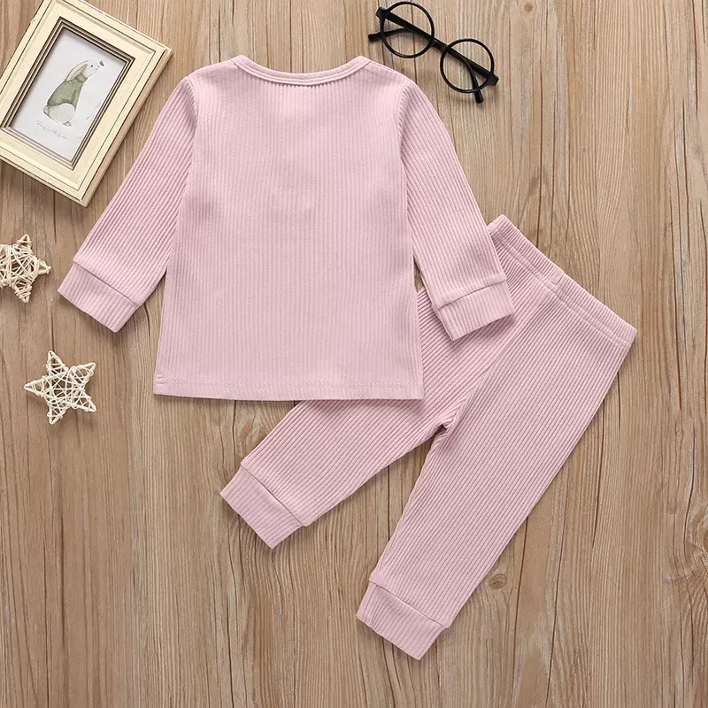 Solid Color Ribbed Kids Pajamas Sets Fashion Children Unisex Clothes Cotton Long Sleeve Pajamas+Pants Spring Autumn Baby Clothing