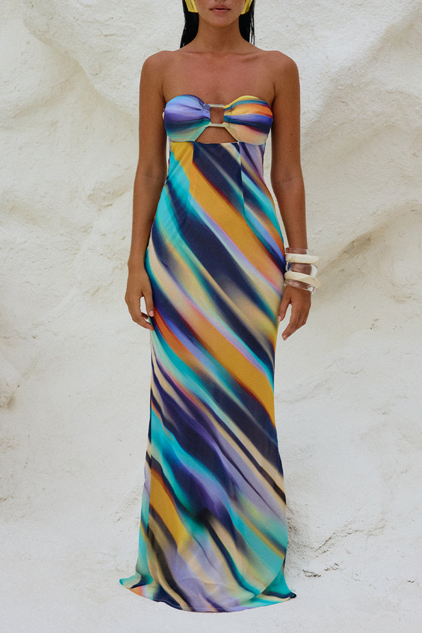 Multicolor Tie-Dye Sexy Strapless Maxi Dress