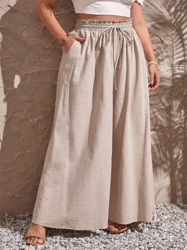 Elastic Waist Drawstring Pocket Wide Leg Pants