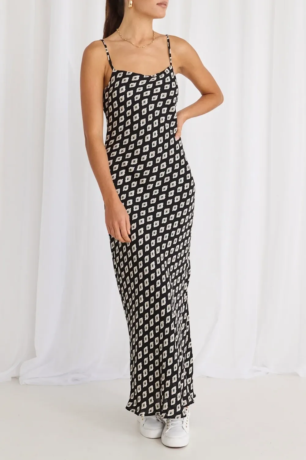 Camero Geo Spot Strappy Bias Maxi Dress