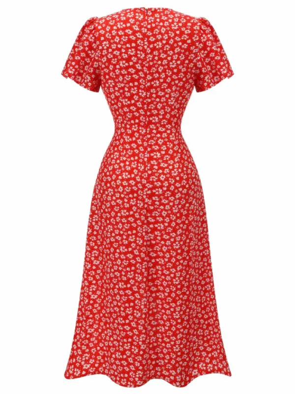 RED 1930S FLORAL V-NECK ADDED BUTTON DRESS