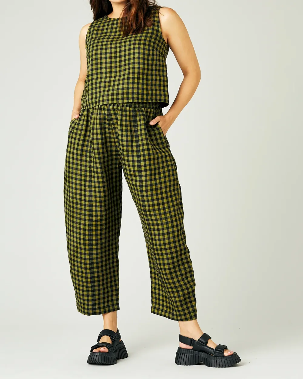 GREEN GINGHAM LINEN TROUSERS