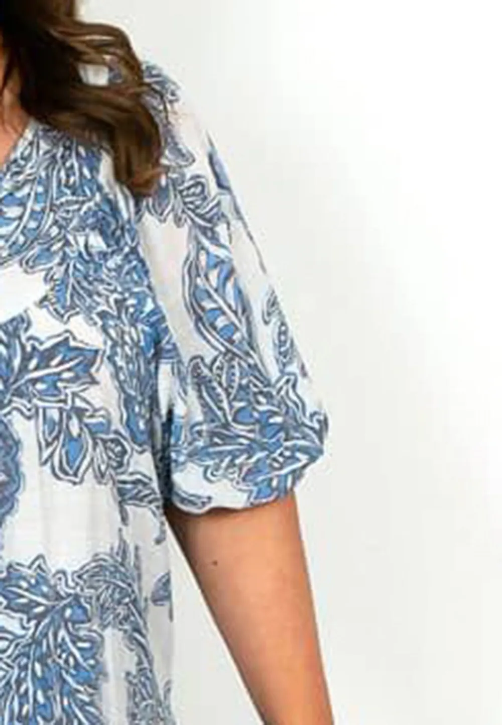 White and Blue Floral Button Top