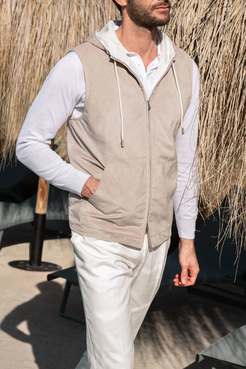 SAND ALCANTARA HOODED VEST