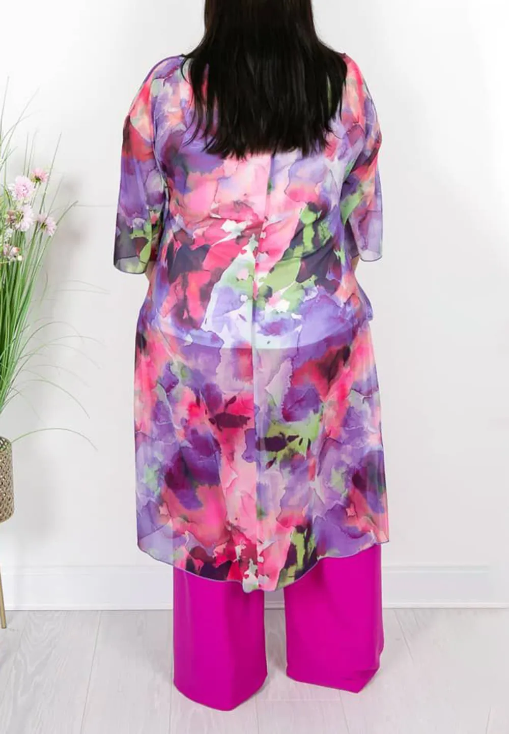 Purple Pink Print Draped Collar Blouse