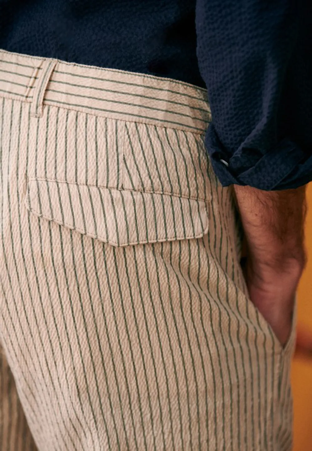 Shane Trousers-Seersucker Beige Green Stripes