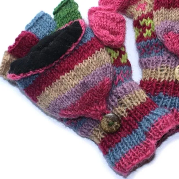 winter stripe fingerless gloves with mitten flap