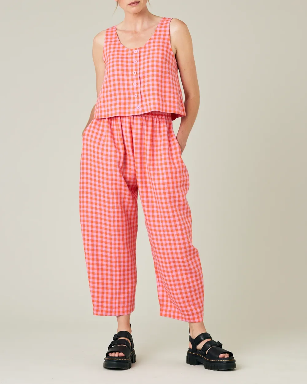 TOMATO & PINK CHECK LINEN TROUSERS