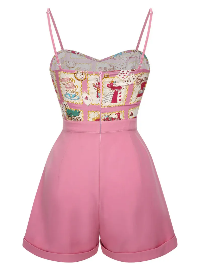 PINK 1950S CARTOON PATTERN SPAGHETTI STRAP ROMPER