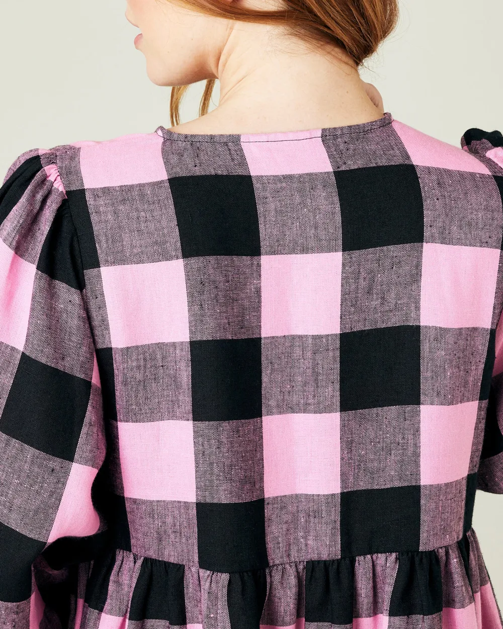 ABBIE PINK & BLACK MEGA CHECK LINEN DRESS