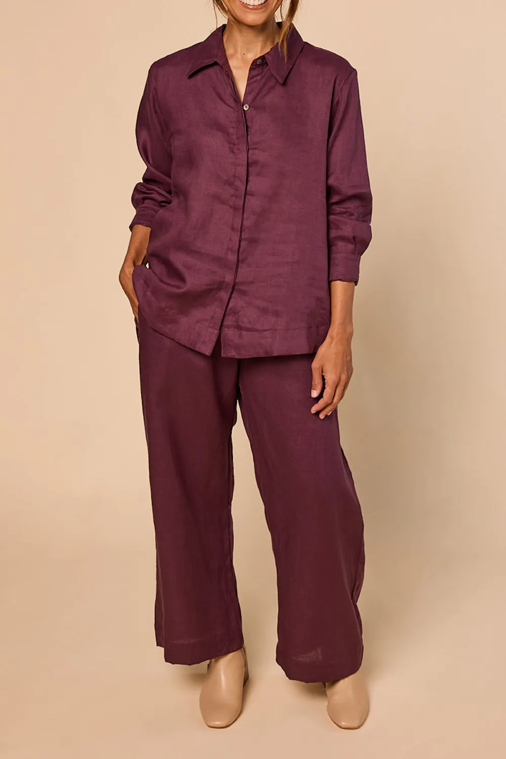 Camille Linen Wide Leg Pant in Plum