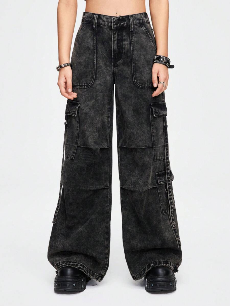 Grunge Punk Grunge Street Fashion Retro Hip-Hop Heavy Industry Distressing Snowflakes Washed Ultra-Low Waist Loose Wide-Leg Jeans With Adjustable Cuffs