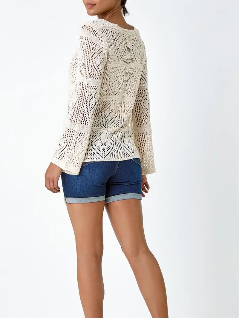 Ivory Crochet Tie Front V-Neck Tunic Top