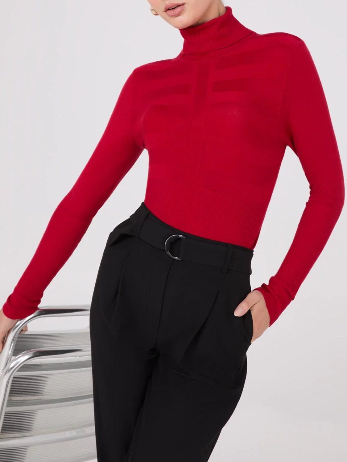 Contrasting Stitch Turtleneck Ribbed Sweater