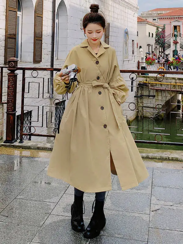 Casual Lose Tied Buttoned High-Waist Notched Collar Long Bishop Sleeves Trench Coat