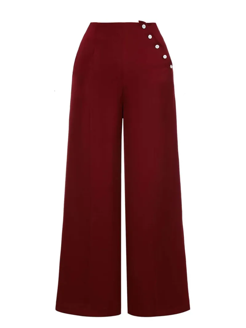 RED 1950S BURGUNDY BUTTON WIDE LEG PANTS