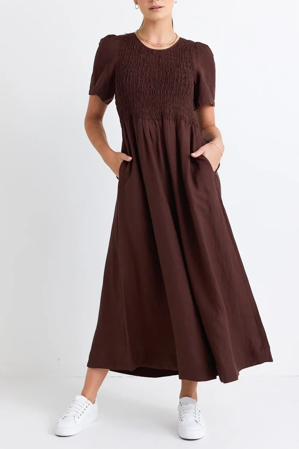 Wren Chocolate Linen Blend SS Shirred Bodice Midi Dress