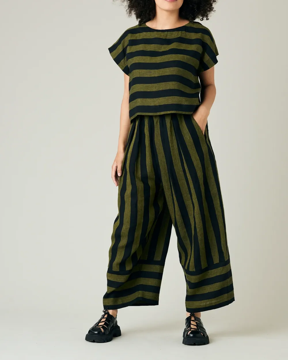 POLLY BLACK & OLIVE STRIPE LINEN TOP