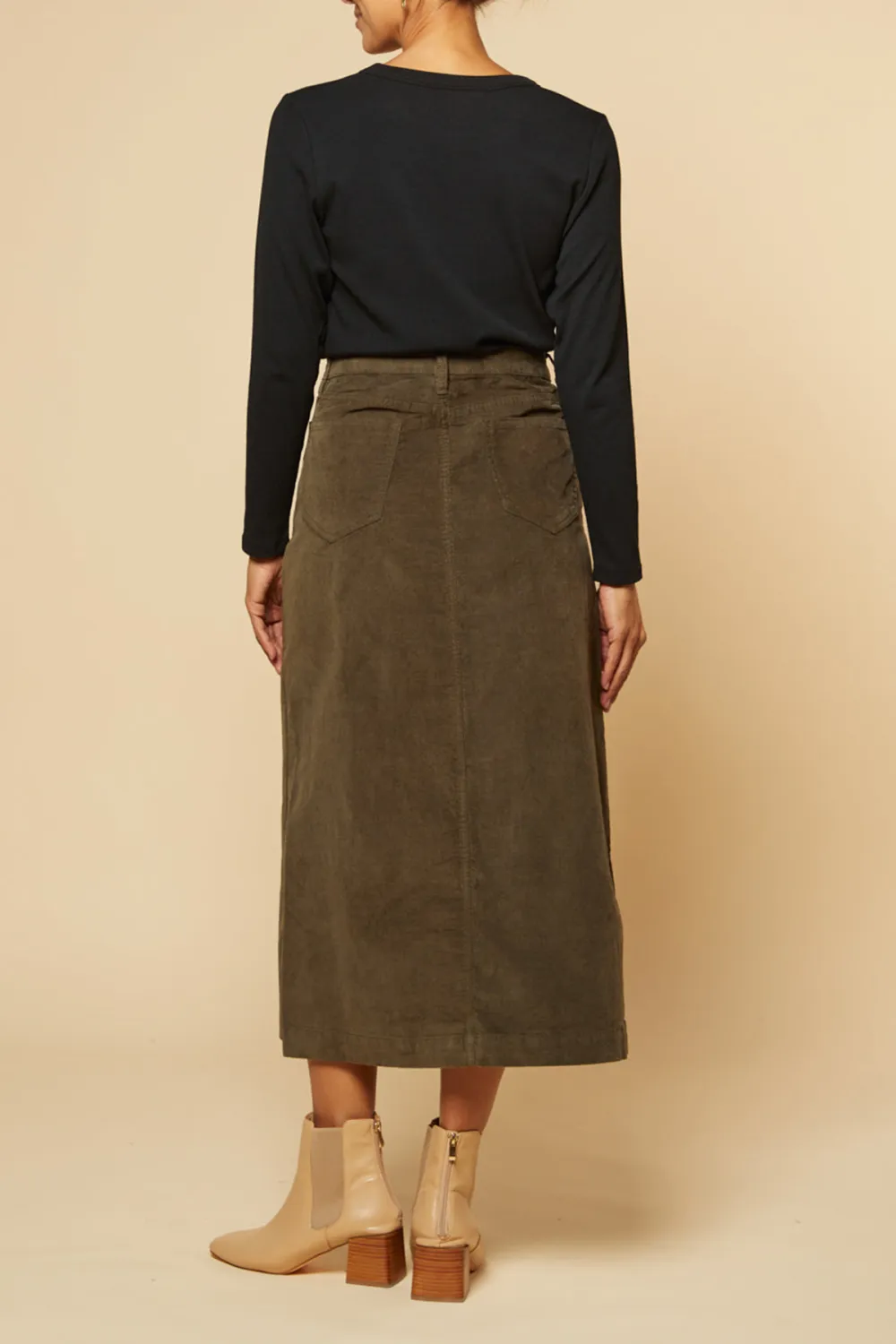 Adrift Split Brushed Cotton Skirt in Olive