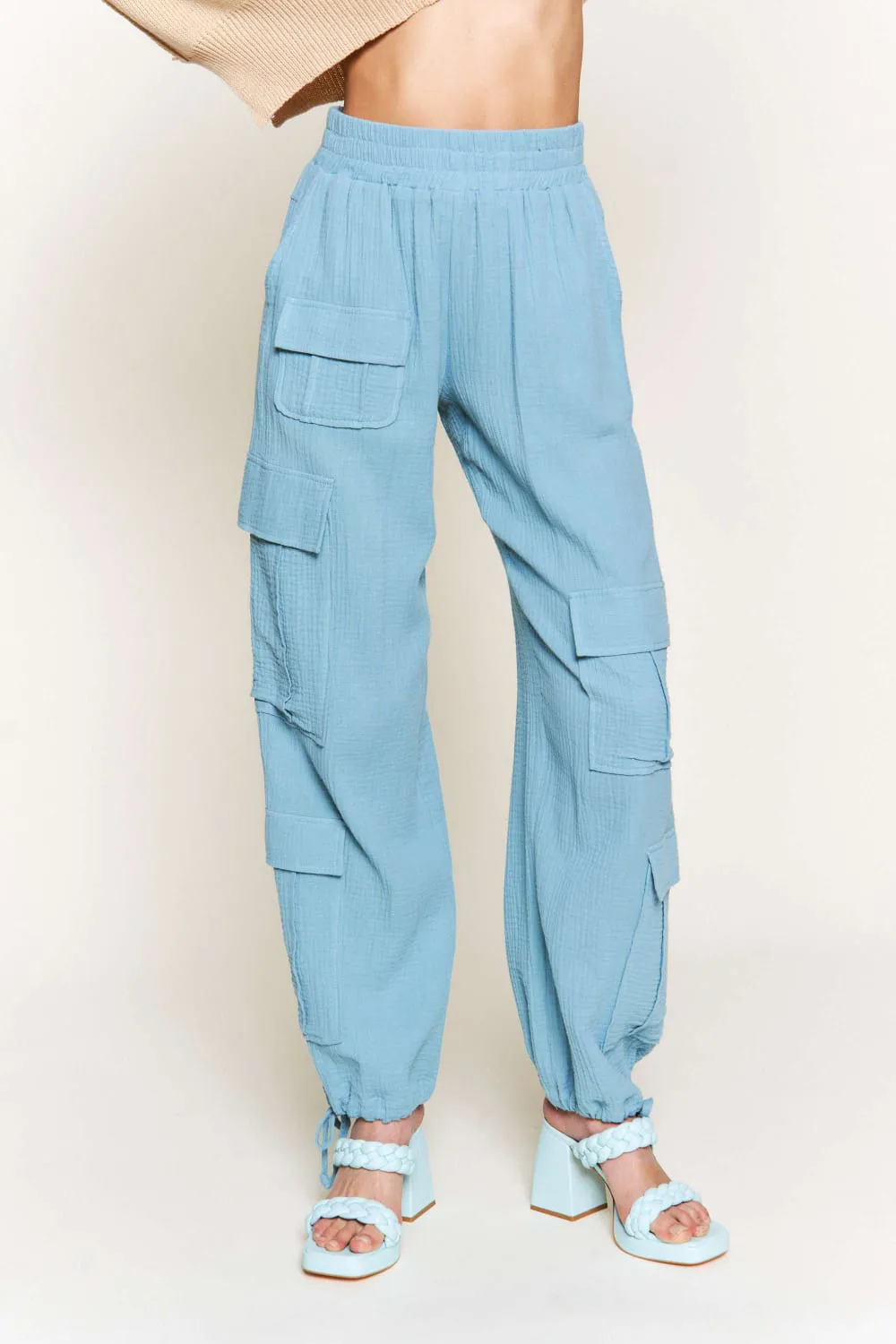 DUSTY BLUE LINEN WIDE LEG CARGO PANTS