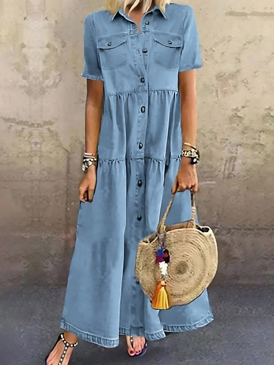 Casual Solid Make Old Turndown Collar Short Sleeve High Waist Regular Denim Dresses