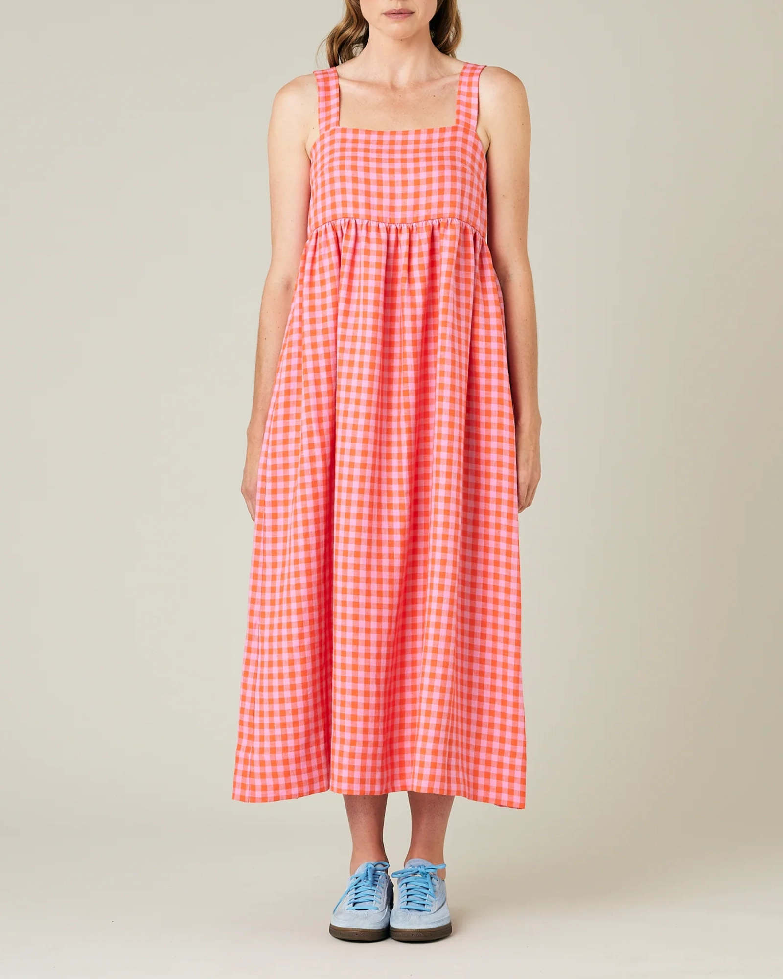 TOMATO & PINK CHECK LINEN DRESS