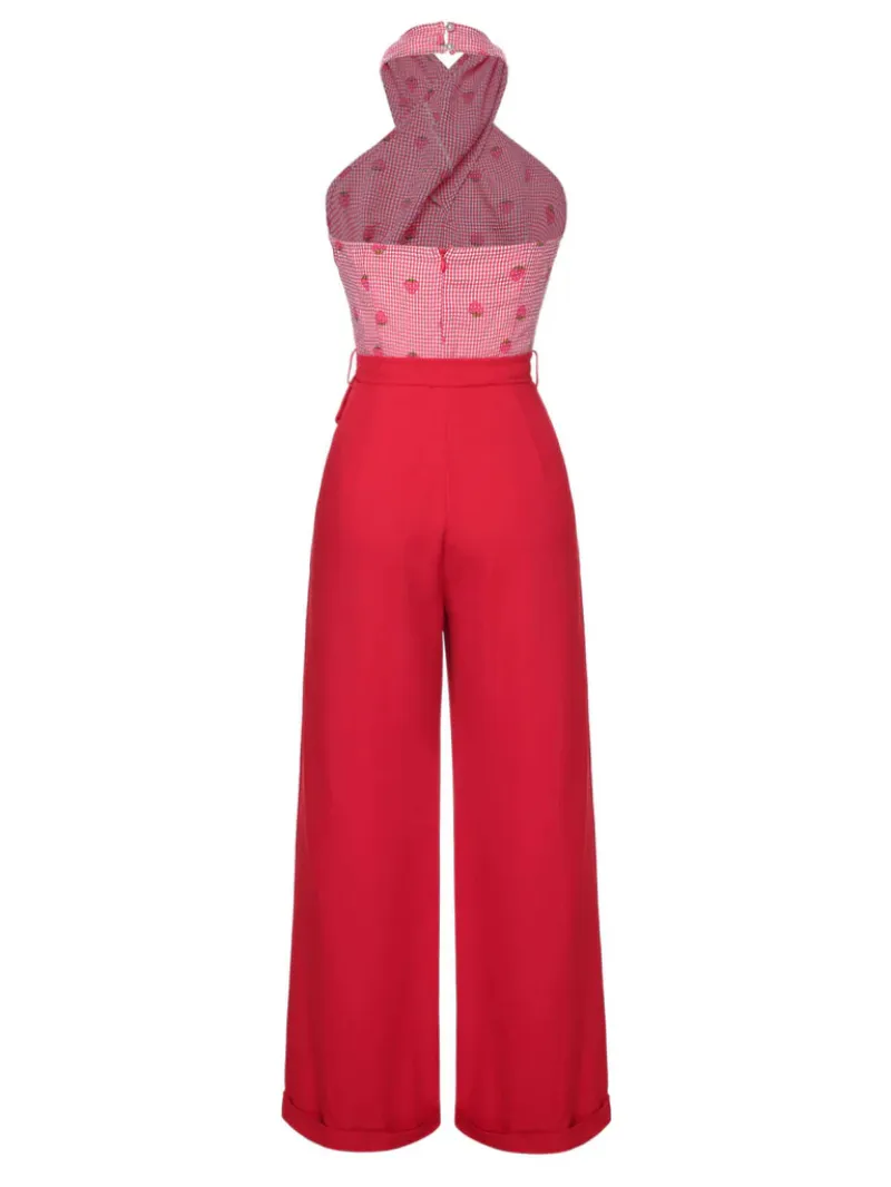 RED 1950S STRAWBERRY CROSS HALTER JUMPSUIT