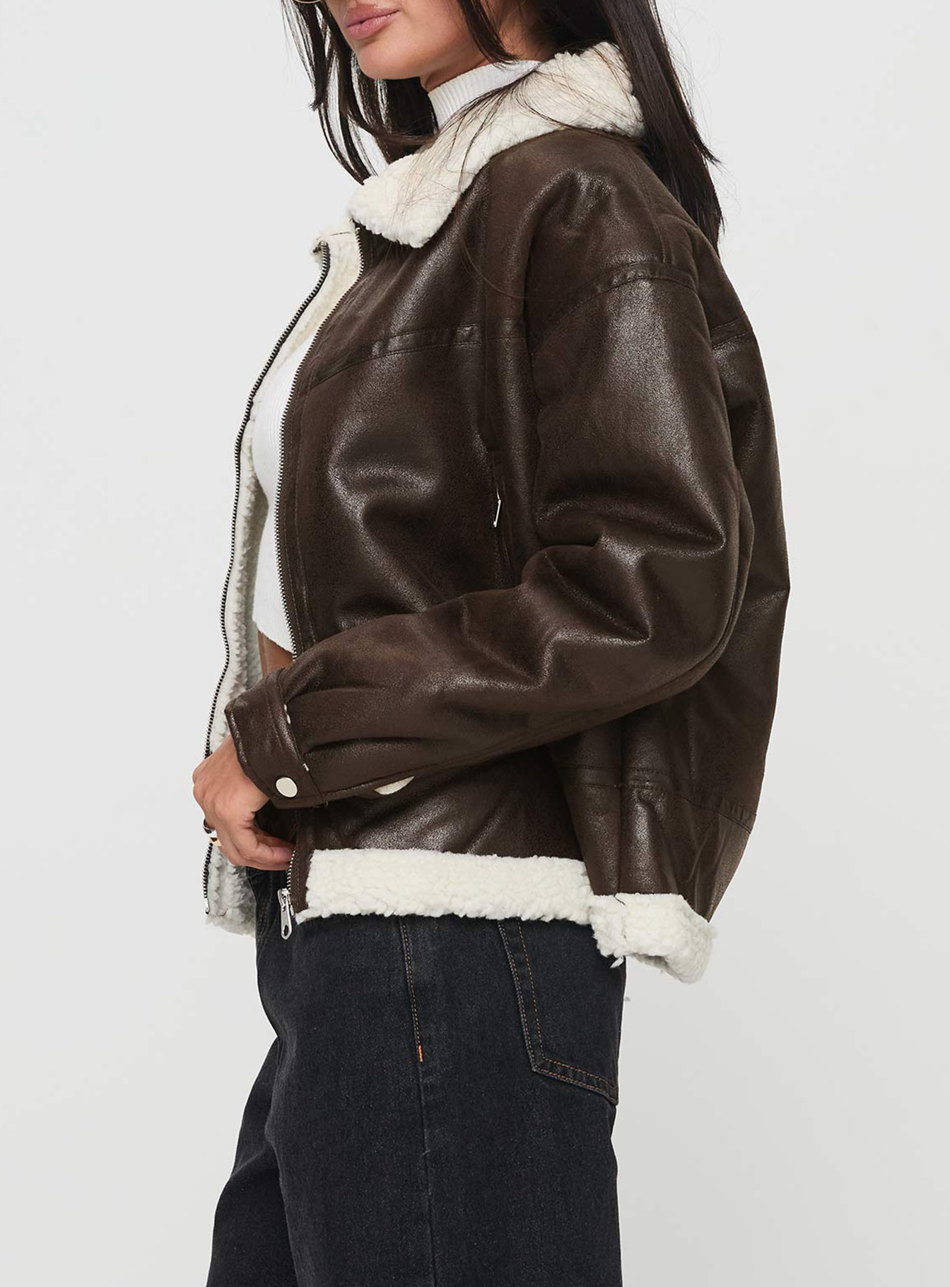 Solara Faux Leather Shearling Jacket Chocolate