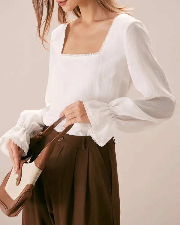 The White Square Neck Poet Sleeve Blouse