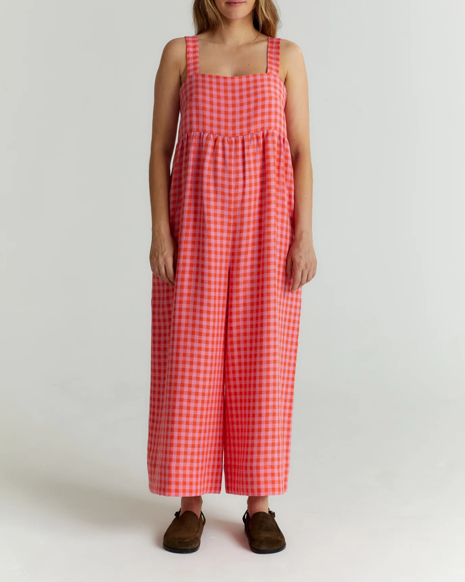 CARI TOMATO & PINK CHECK LINEN JUMPSUIT