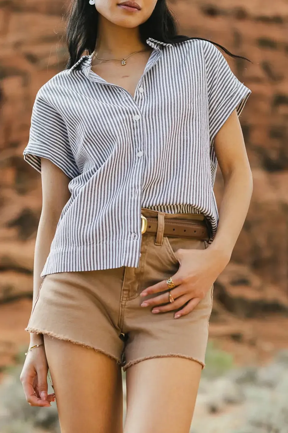 GABBY STRIPED BUTTON UP IN TAN