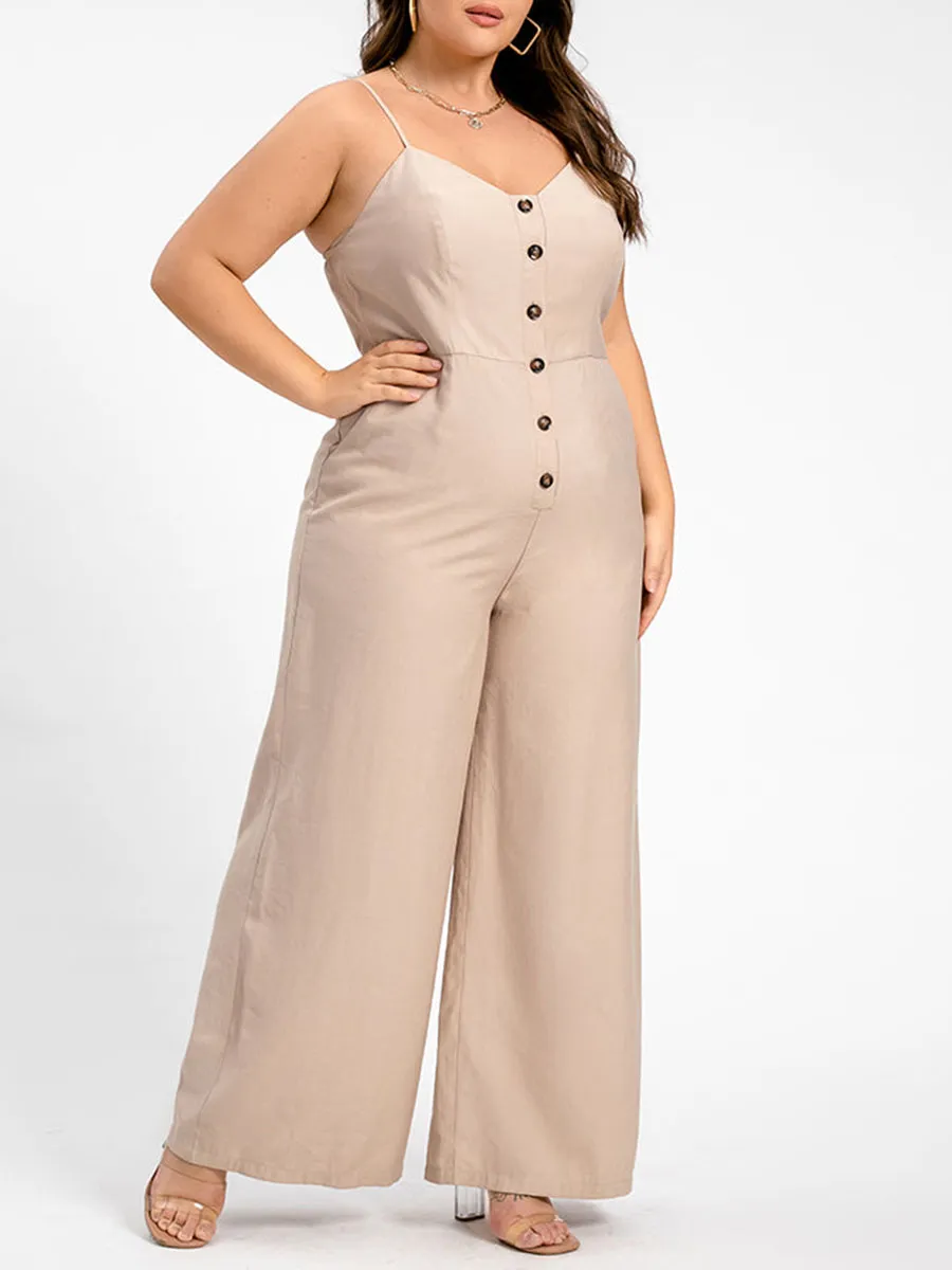 Plus V-Neck Button Pocket Cami Jumpsuit